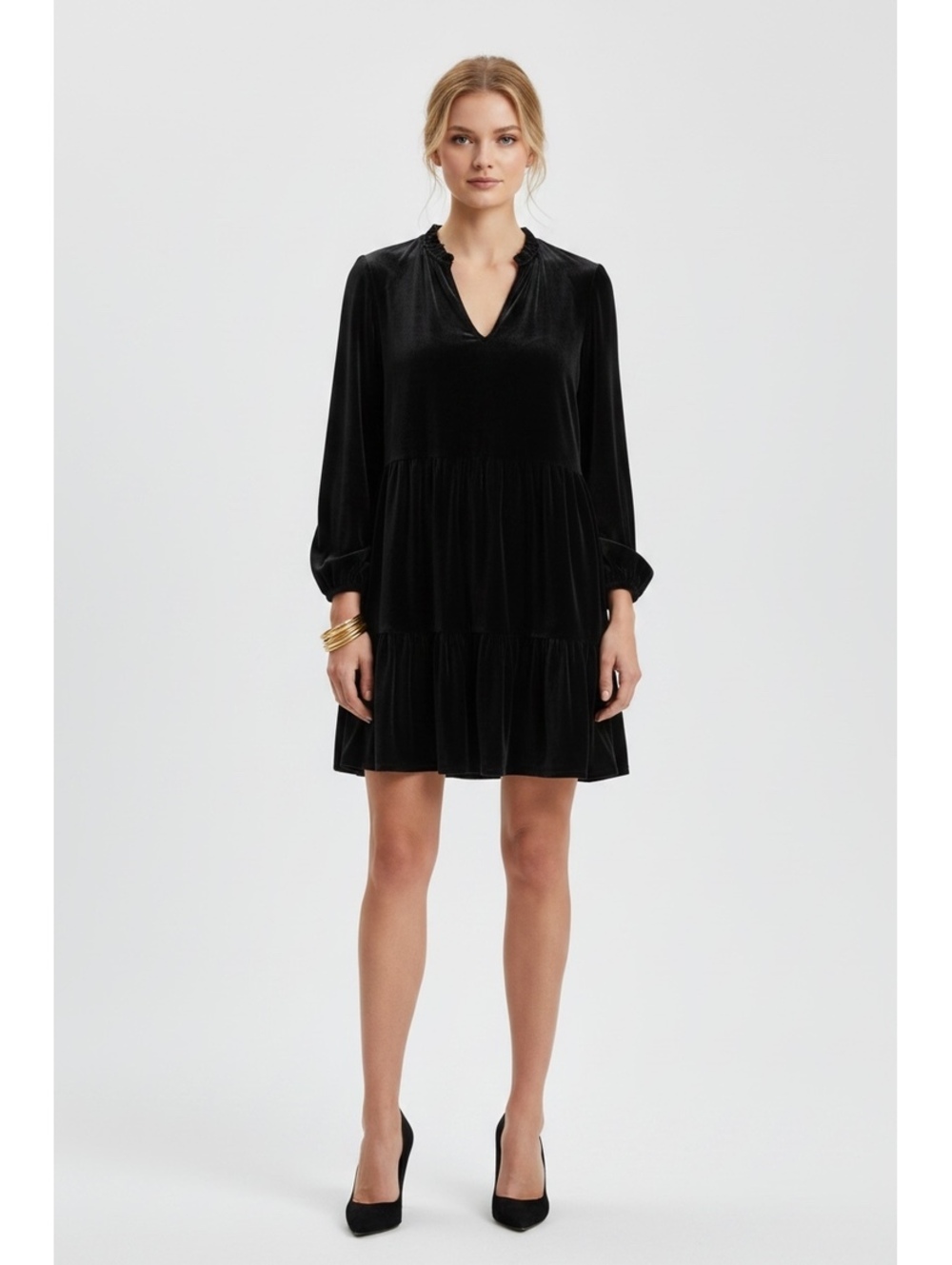 CeCe Black Velvet Blouson Sleeve Tiered Babydoll Mini Dress - Size M (EUC)